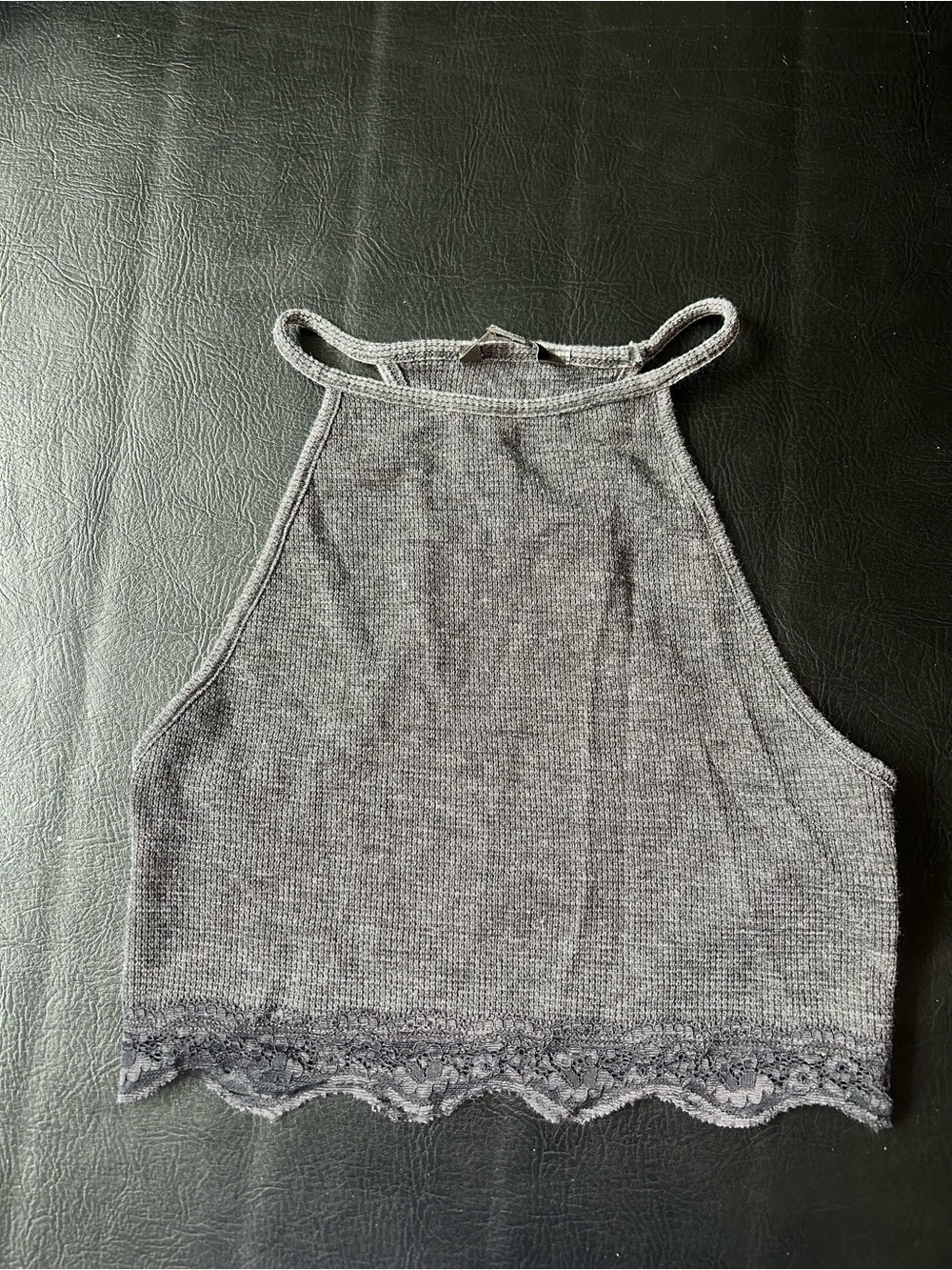 Gray Lace-Hem Halter Crop Top